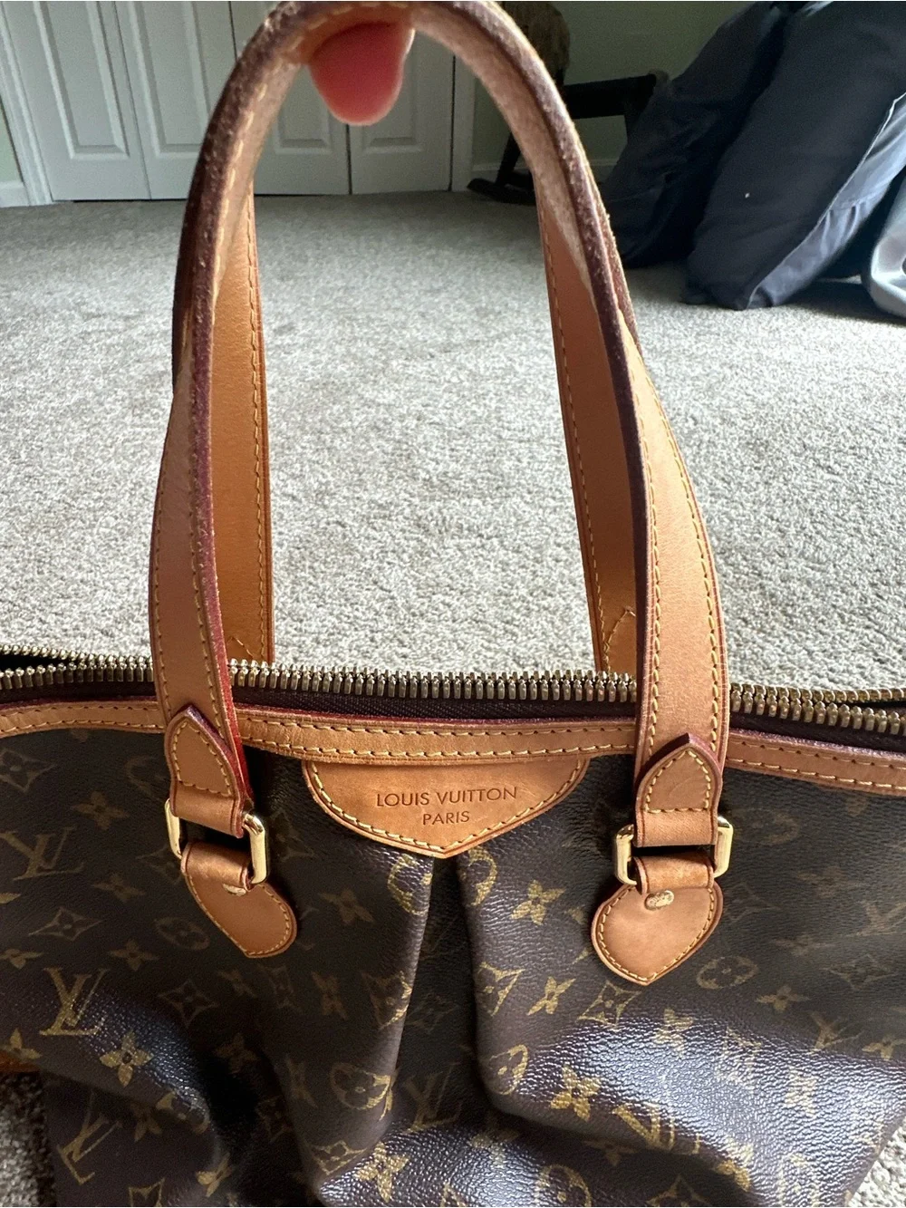 Louis Vuitton Monogram Canvas Tote in Dark Brown with Tan Leather Trim Authentic